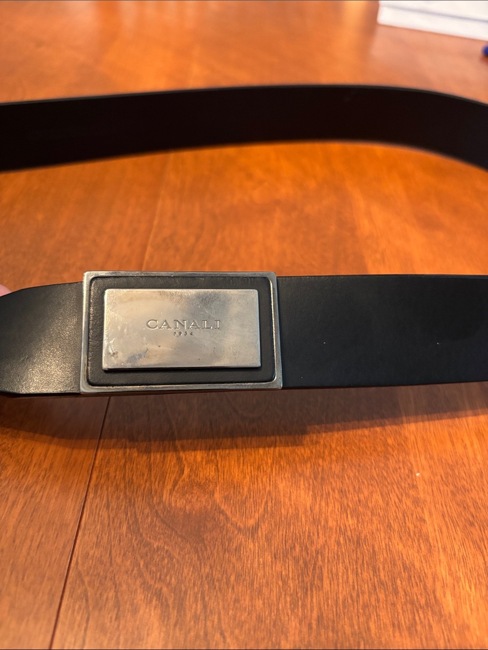 Canali Black Leather Belt with Silver Logo Plate Buckle